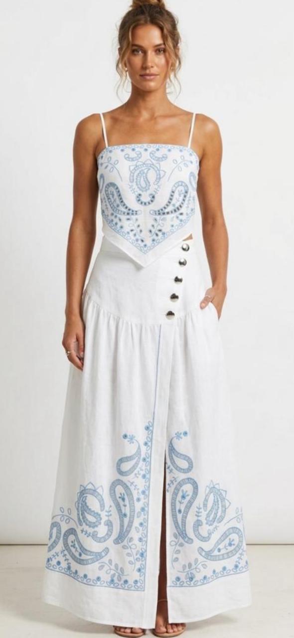 White and blue strap cutwork long skirt set  Cotton