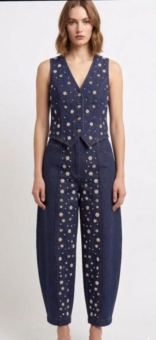Denim studded waistcoat pant set  Cotton