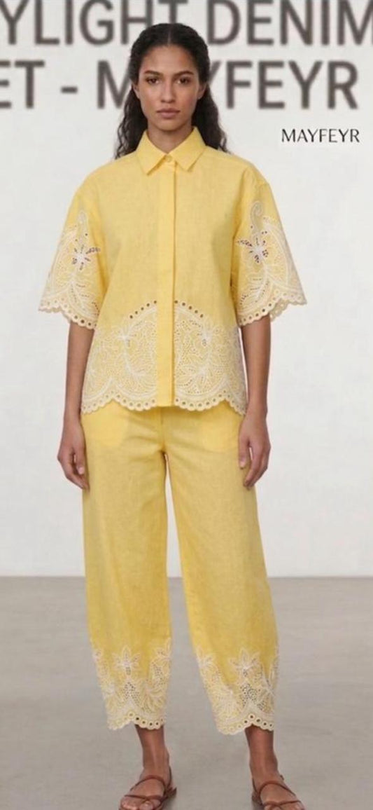 Yellow and white cutwork pant set  Cotton