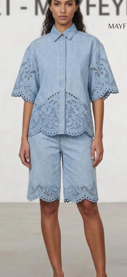 Light blue 3/4 th Denim short set  Cotton