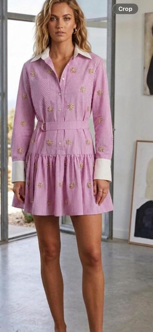 Pink and white striped short dress  Cotton