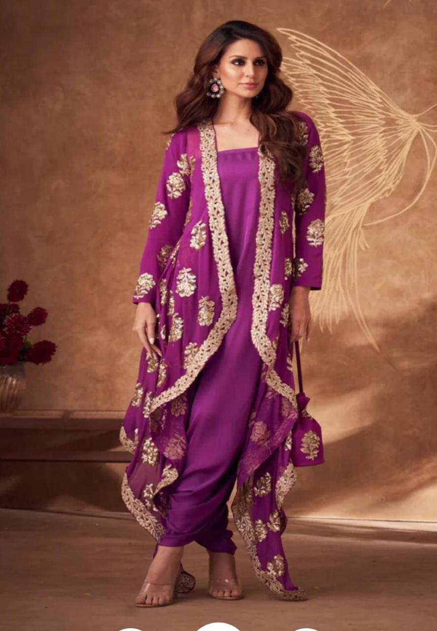Purple tube Jumpsuit with gold embroidered jacket