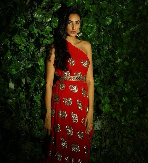 Red with gold embroidered one shoulder draped dress