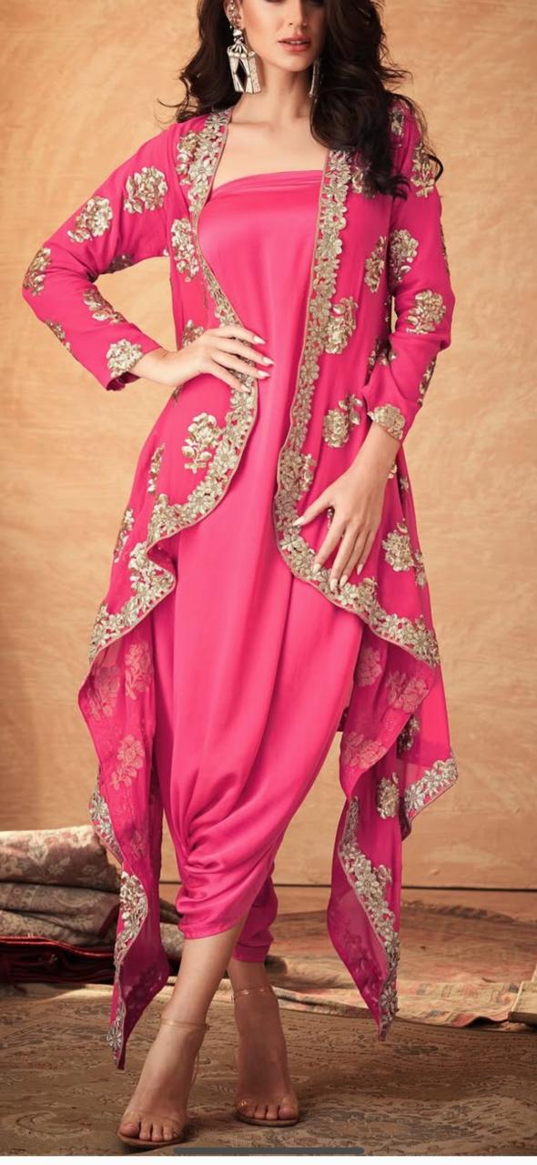 Pink tube Jumpsuit with pink and gold embroidered jacket