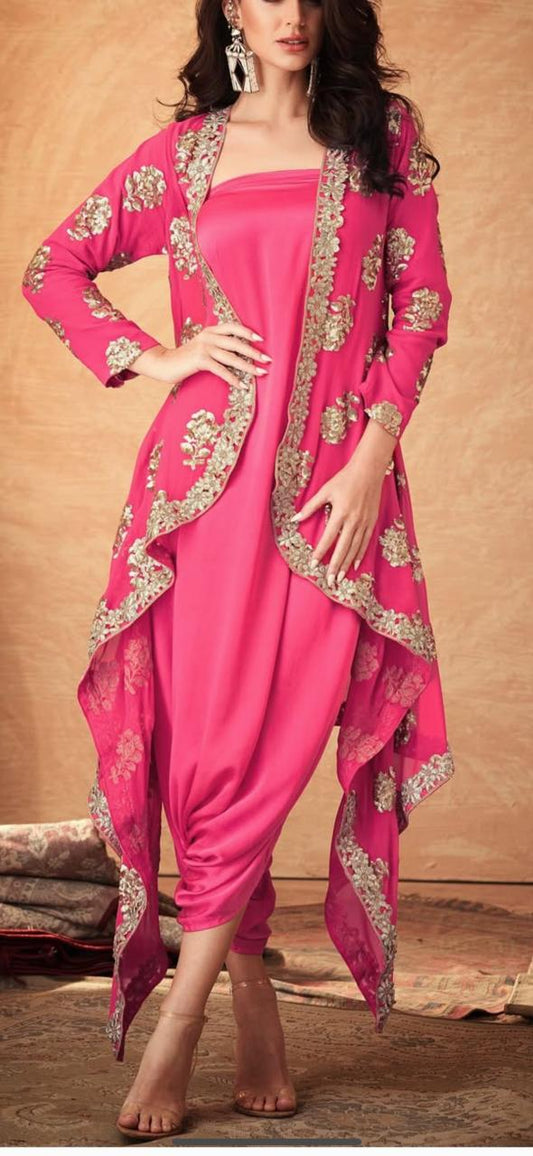 Pink tube Jumpsuit with pink and gold embroidered jacket