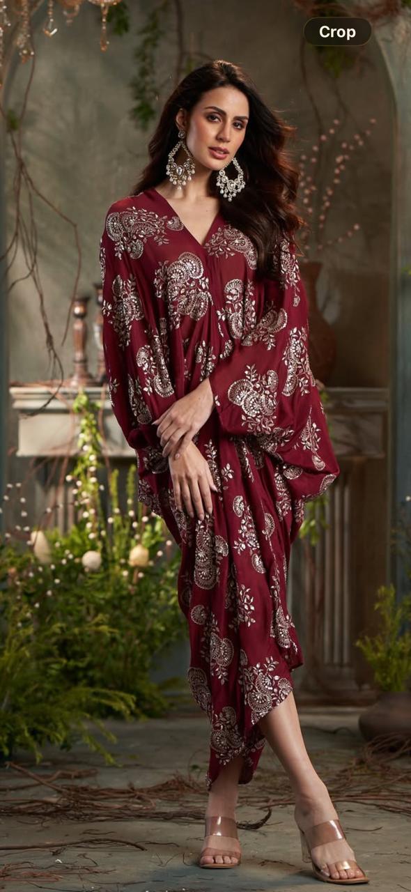 Wine with gold embroidered maxi gown  Chinon
