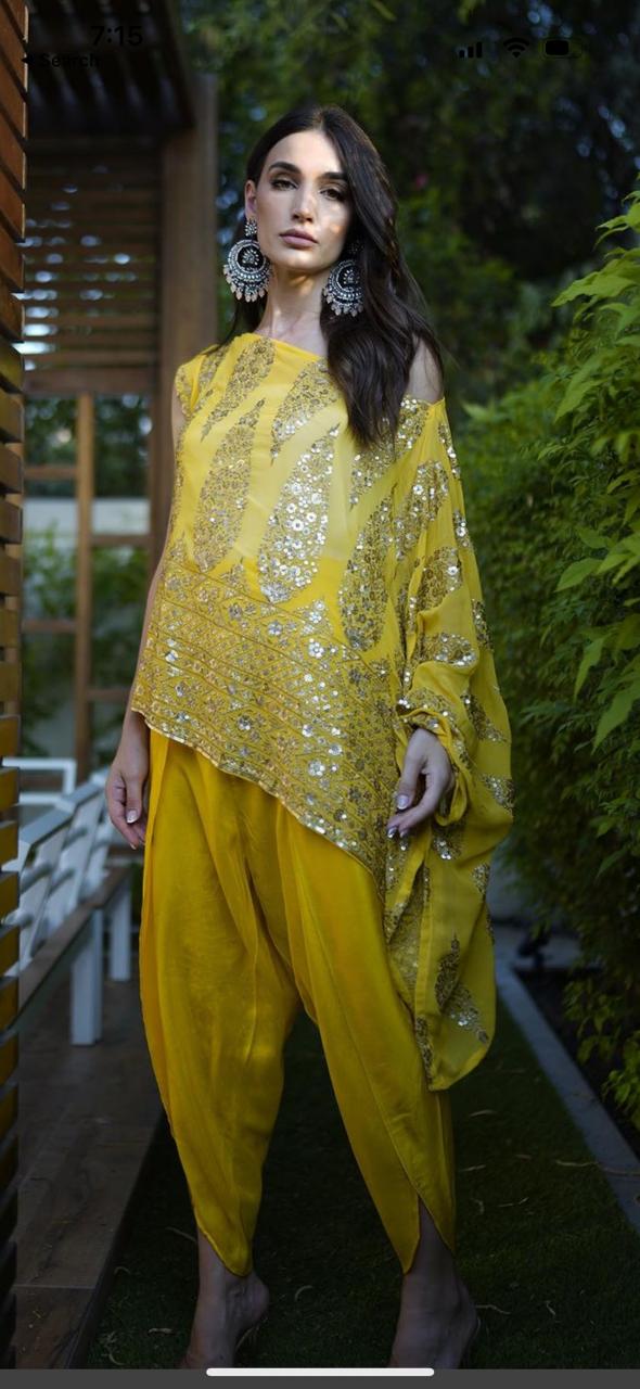 Yellow one shoulder with Gold embroidered top with dhoti pants