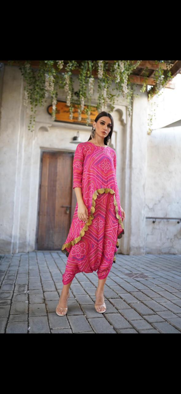 Pink Bandhani high low top with pants