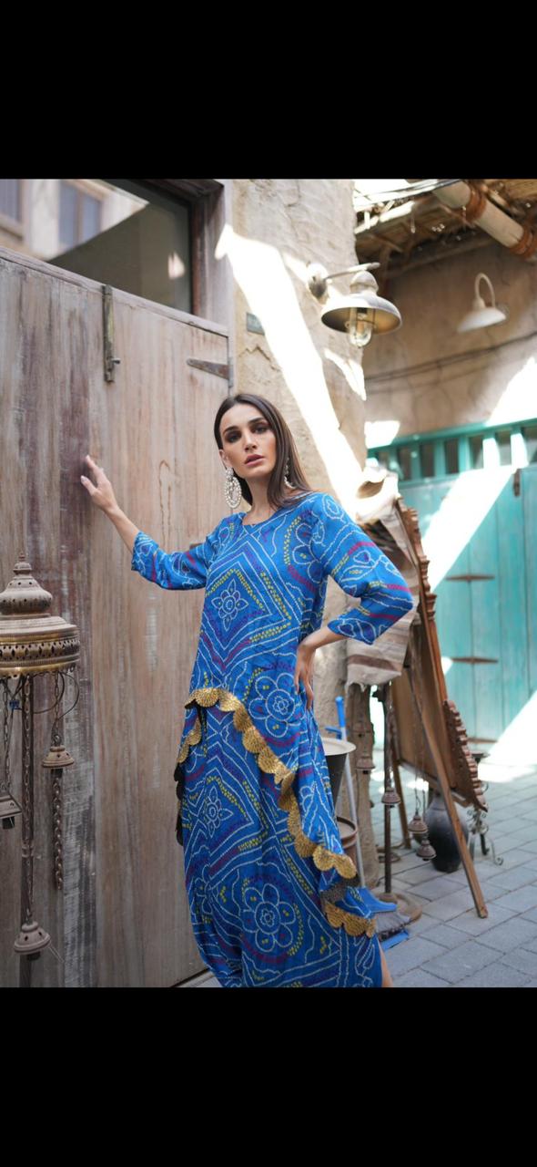 Blue Bandhani high low top with pants