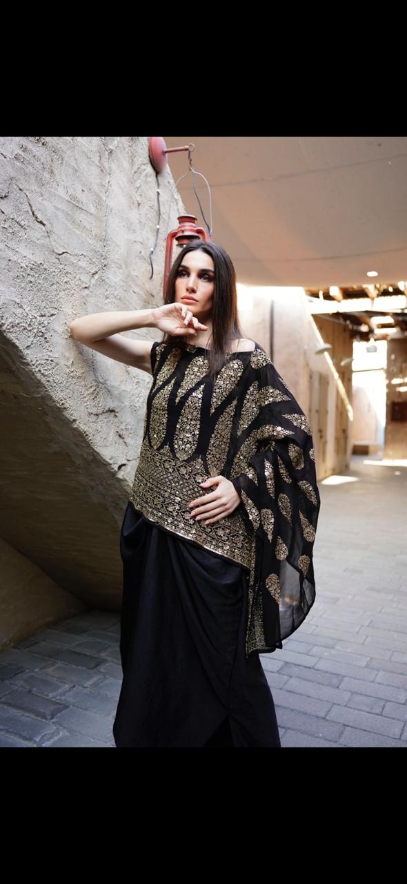 Black one shoulder with gold embroidered top with pants