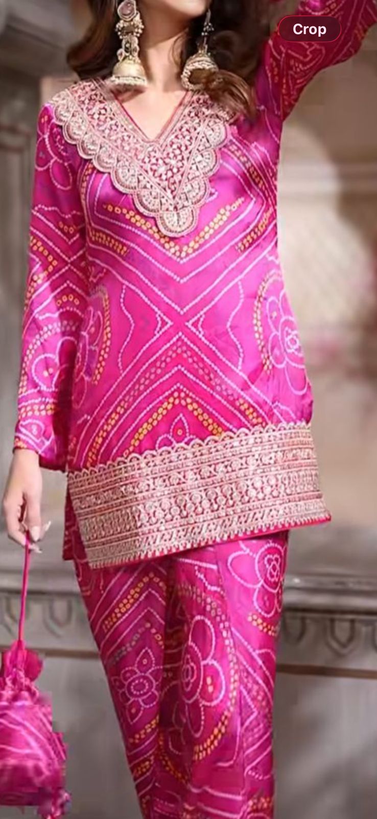 Pink Bandhani with gold lace top with pants