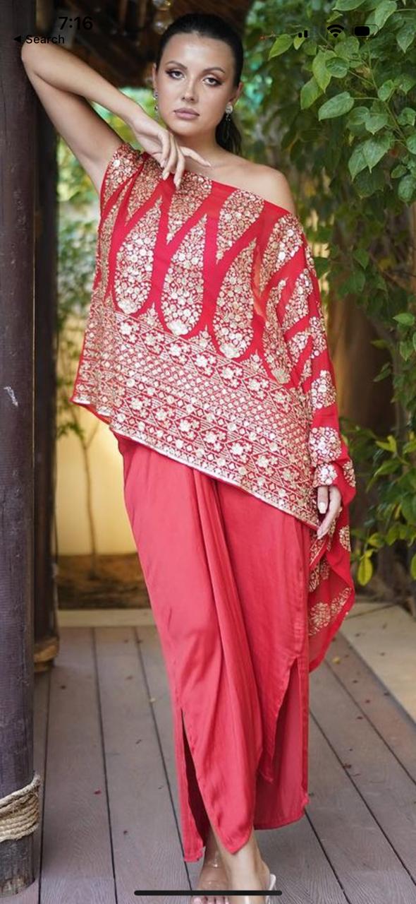Red with gold embroidered one shoulder top with pants