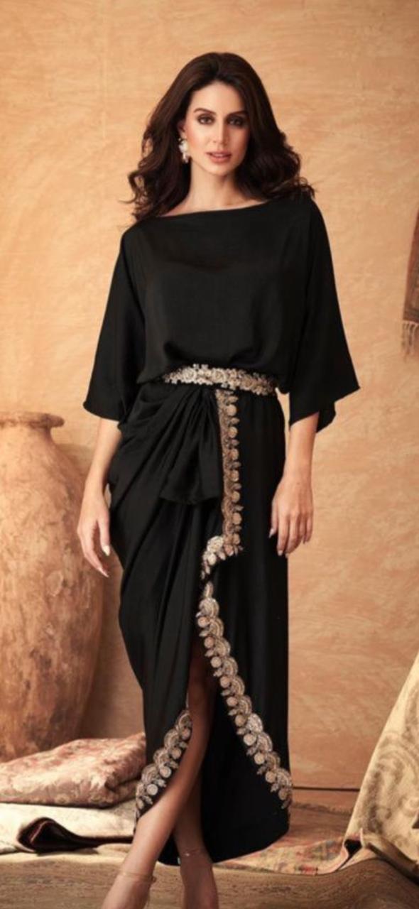 Black with gold embroidered draped dress