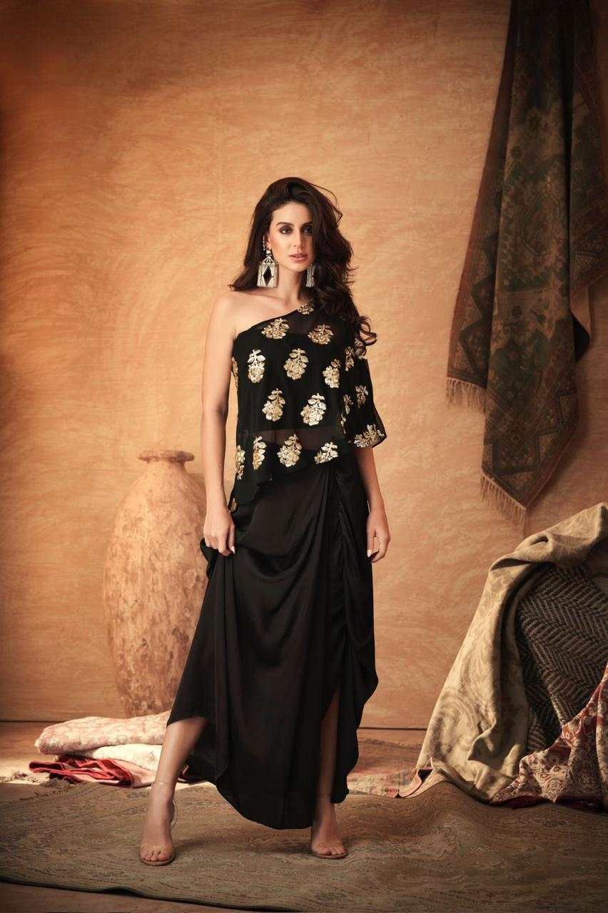 Black with gold embroidered one shoulder top with pants