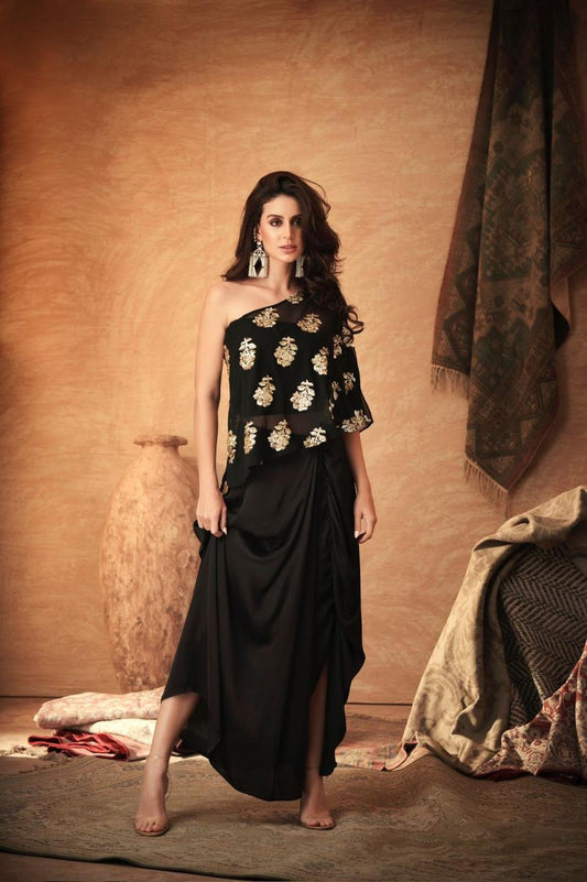 Black with gold embroidered one shoulder top with pants