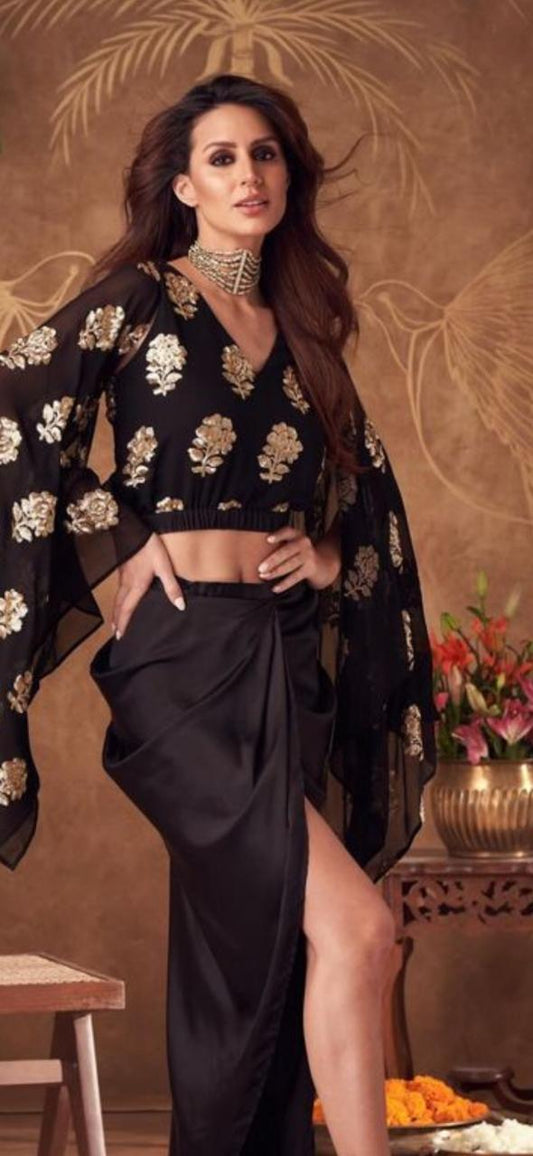 Black with gold embroidered crop top with pants