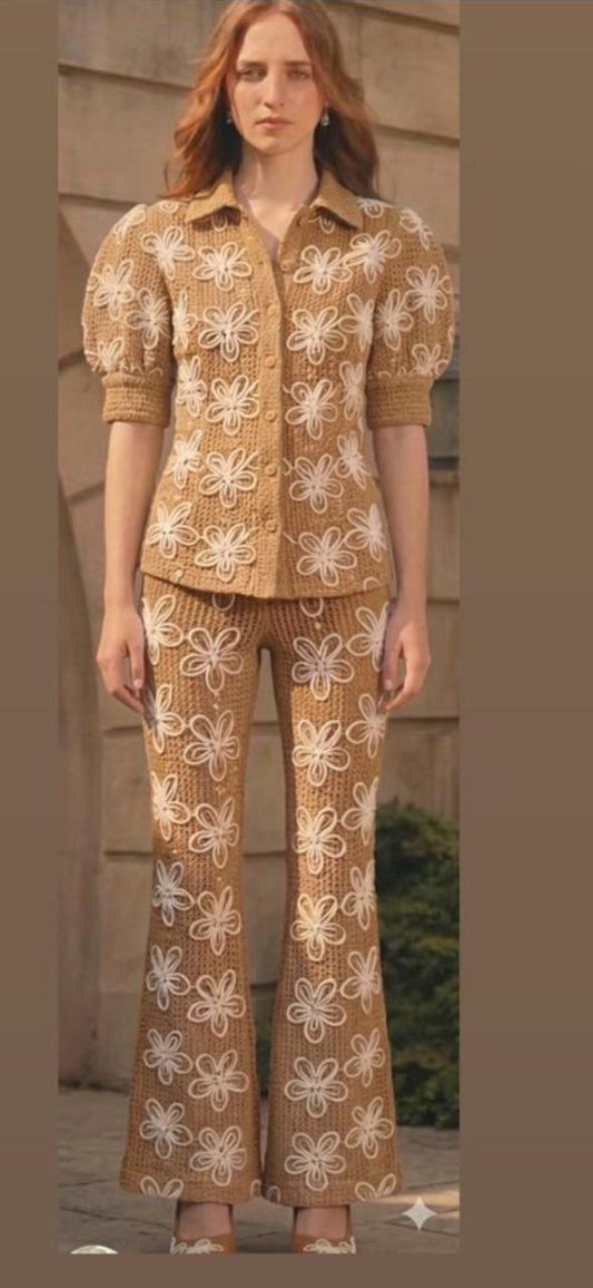 Beige with white floral cut work pant set