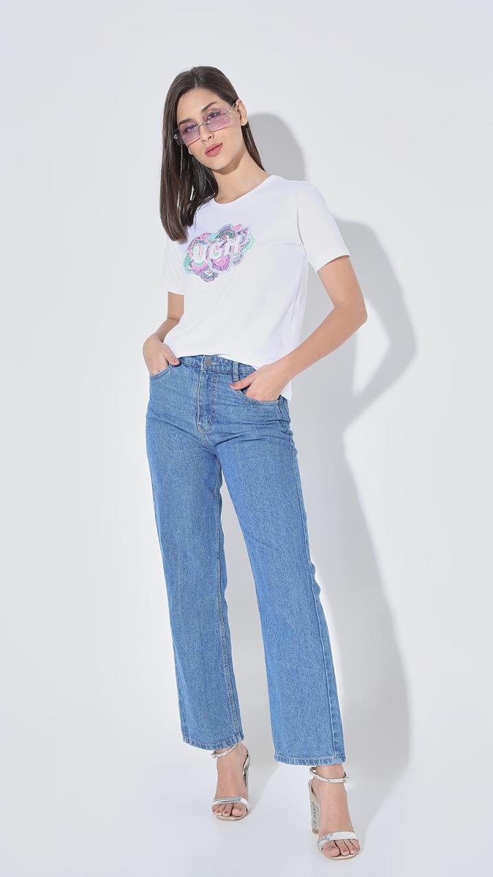 White with pastel colour embellishment T -Shirt