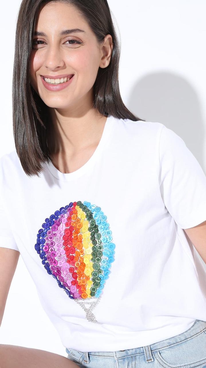 White with multicoloured button work parachute logo T -Shirt