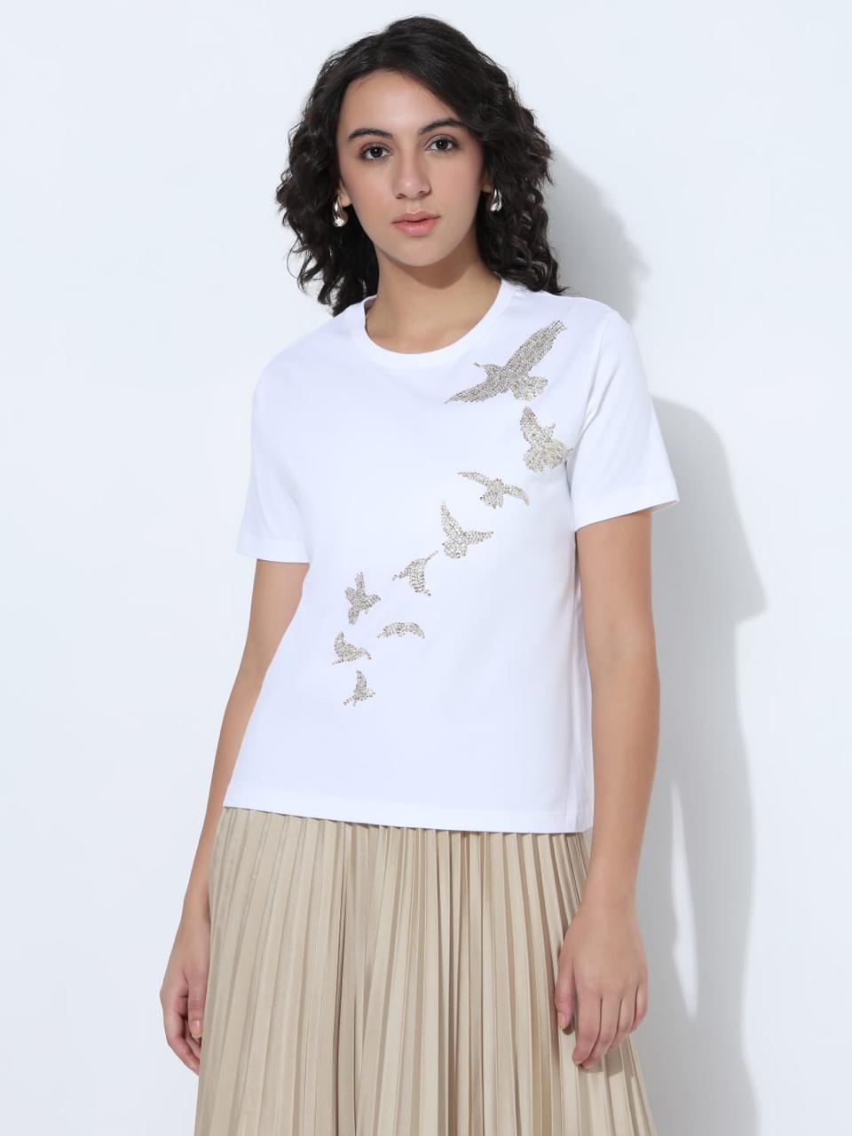 White silver and gold sequin bird T -shirt