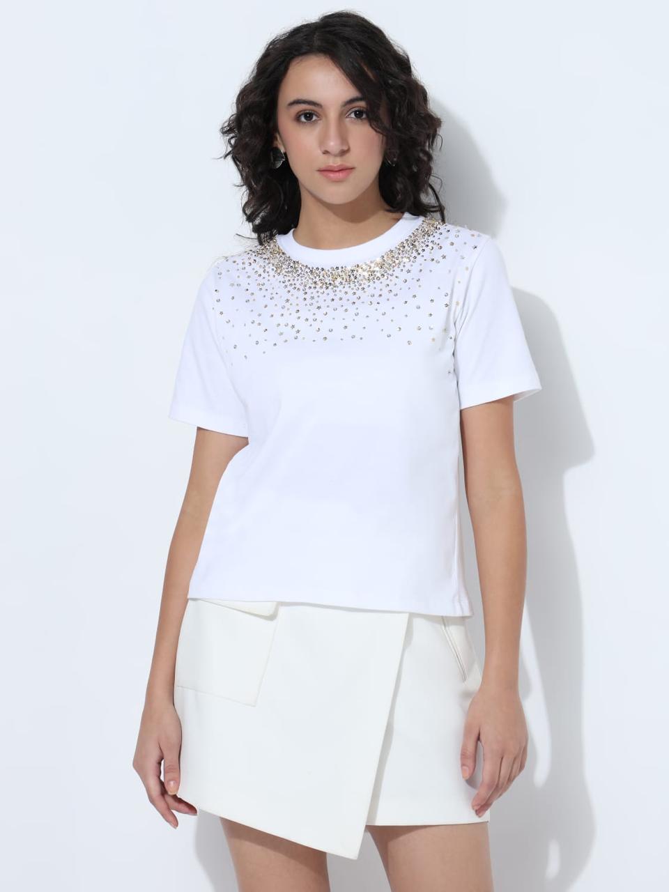 White with gold embellished T - Shirt