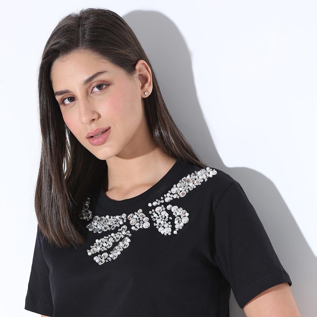 Black T-Shirt with blue and purple crystal work